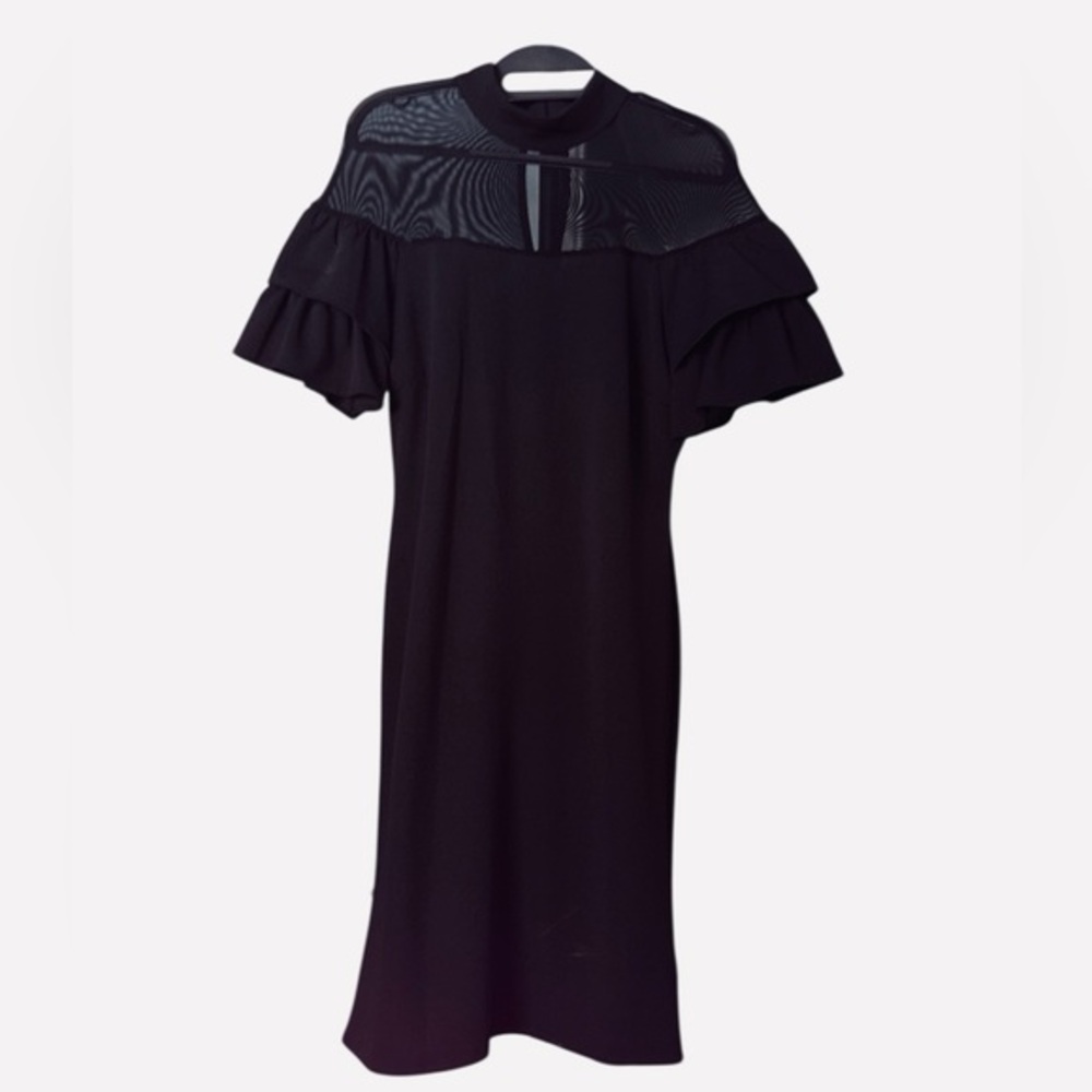 SUPERFOXX Elegant Black Midi Dress with Sheer Yoke and Ruffle Sleeves Size M